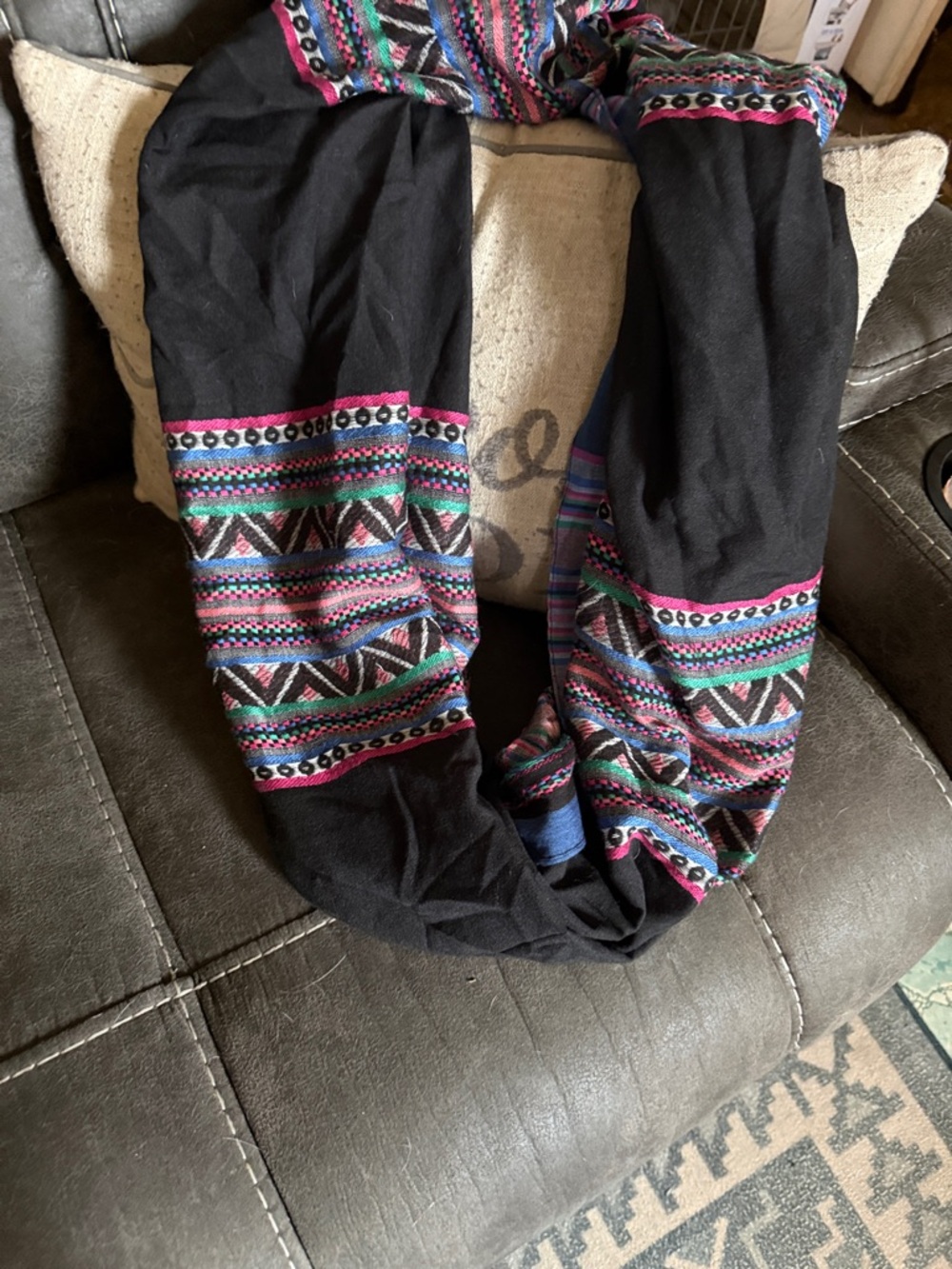 Black Patterned Infinity Scarf with Pink & Teal Accents